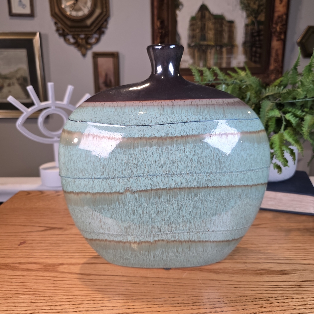 Mid-Century Style Glazed Ceramic Vase - Large 8.5" Teal & Brown Bud Vase